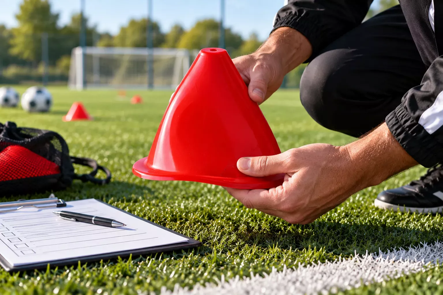 Une personne vérifie un cône rouge sur un terrain de football, près d’une feuille de contrôle.