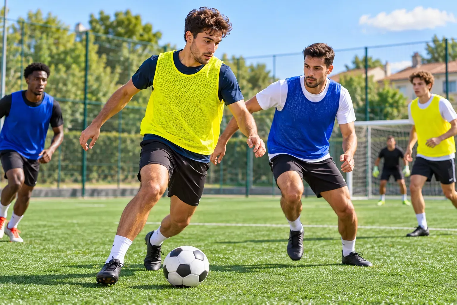 Plusieurs joueurs de football s’affrontent sur un terrain en herbe avec des chasubles jaunes et bleues.