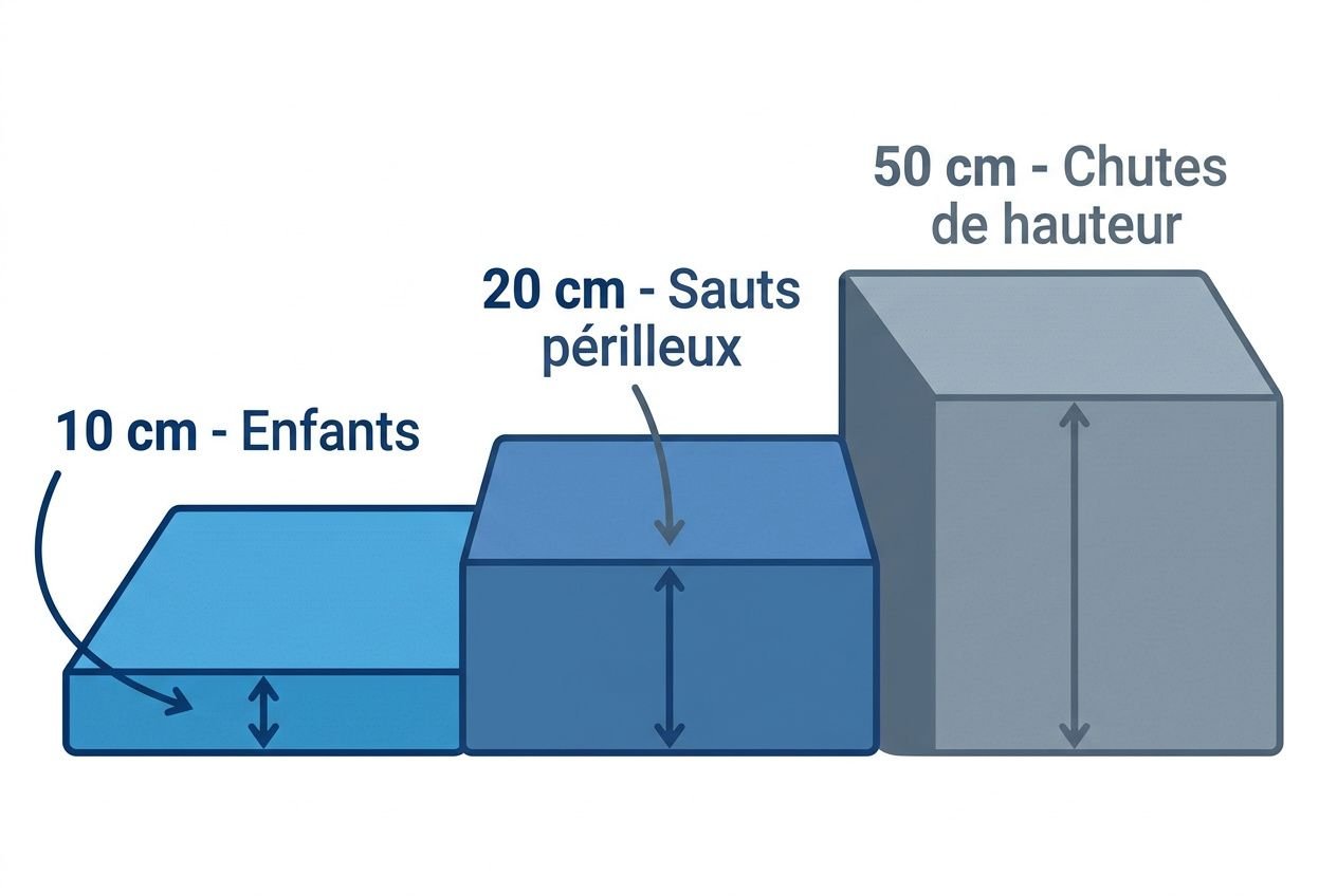 Pourquoi matelas épais gym : comparaison de hauteurs 10 cm, 20 cm et 50 cm montrant l’amorti et la sécurité en réception.