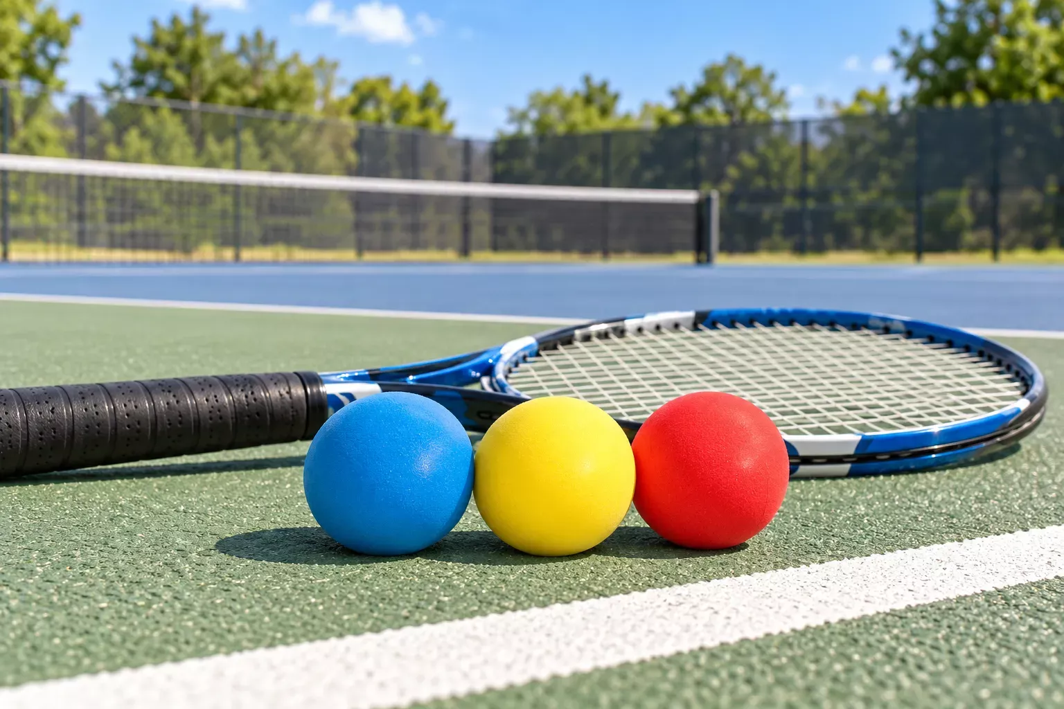 Une raquette de tennis et trois balles colorées sont posées sur un court.