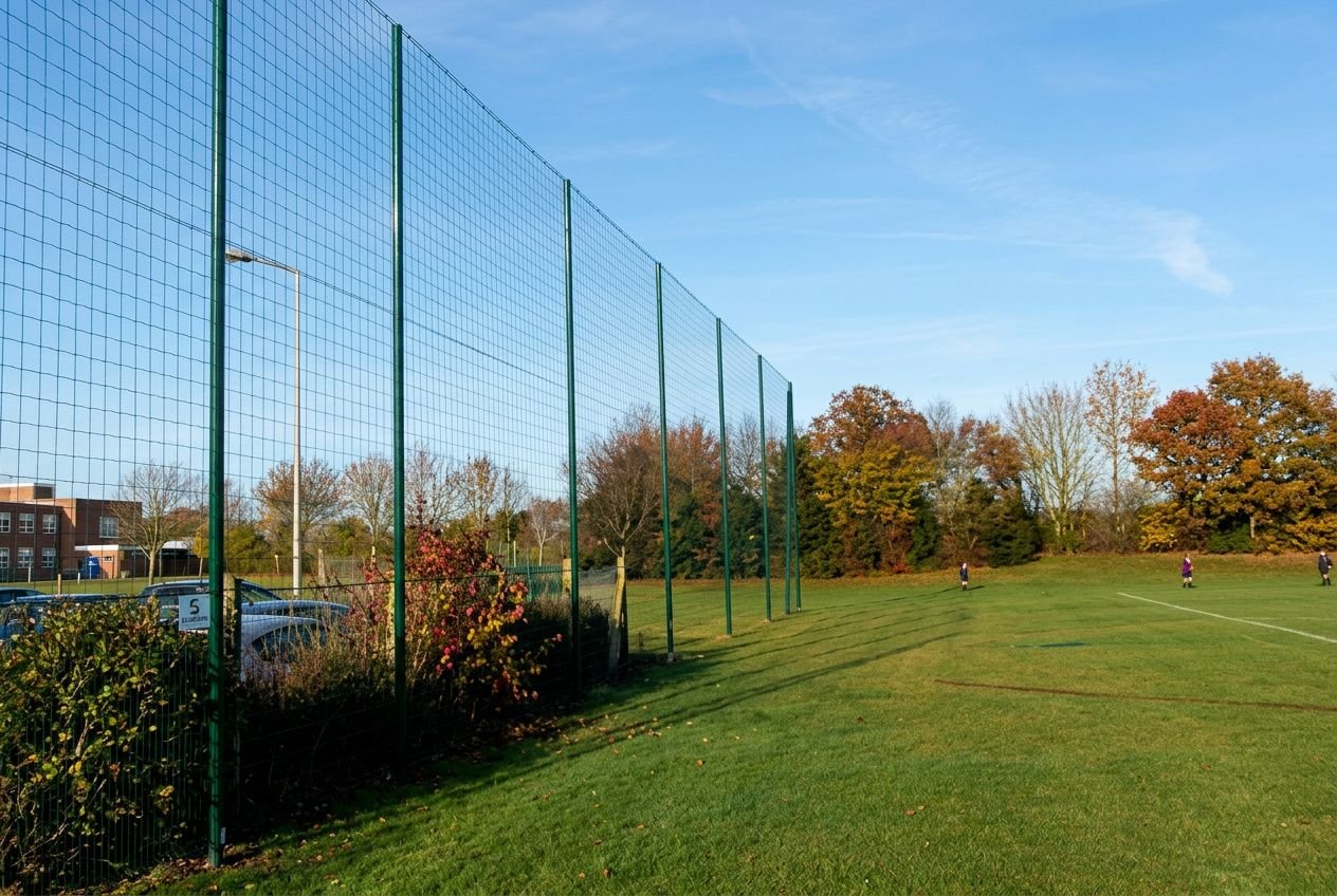 Ronclement clôture métallique verte entourant un terrain d sport scolaire en herbe, avec arbres et joueurs au loin. aménagement terrain sportif scolaire.