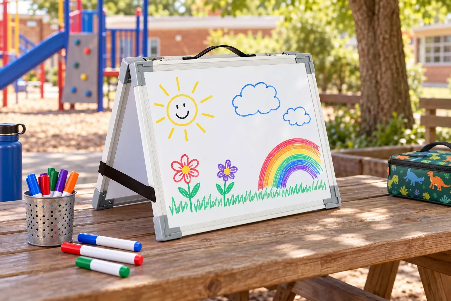 Tableau blanc pliant posé sur une table en bois avec des dessins colorés d’un soleil, des nuages et des fleurs.