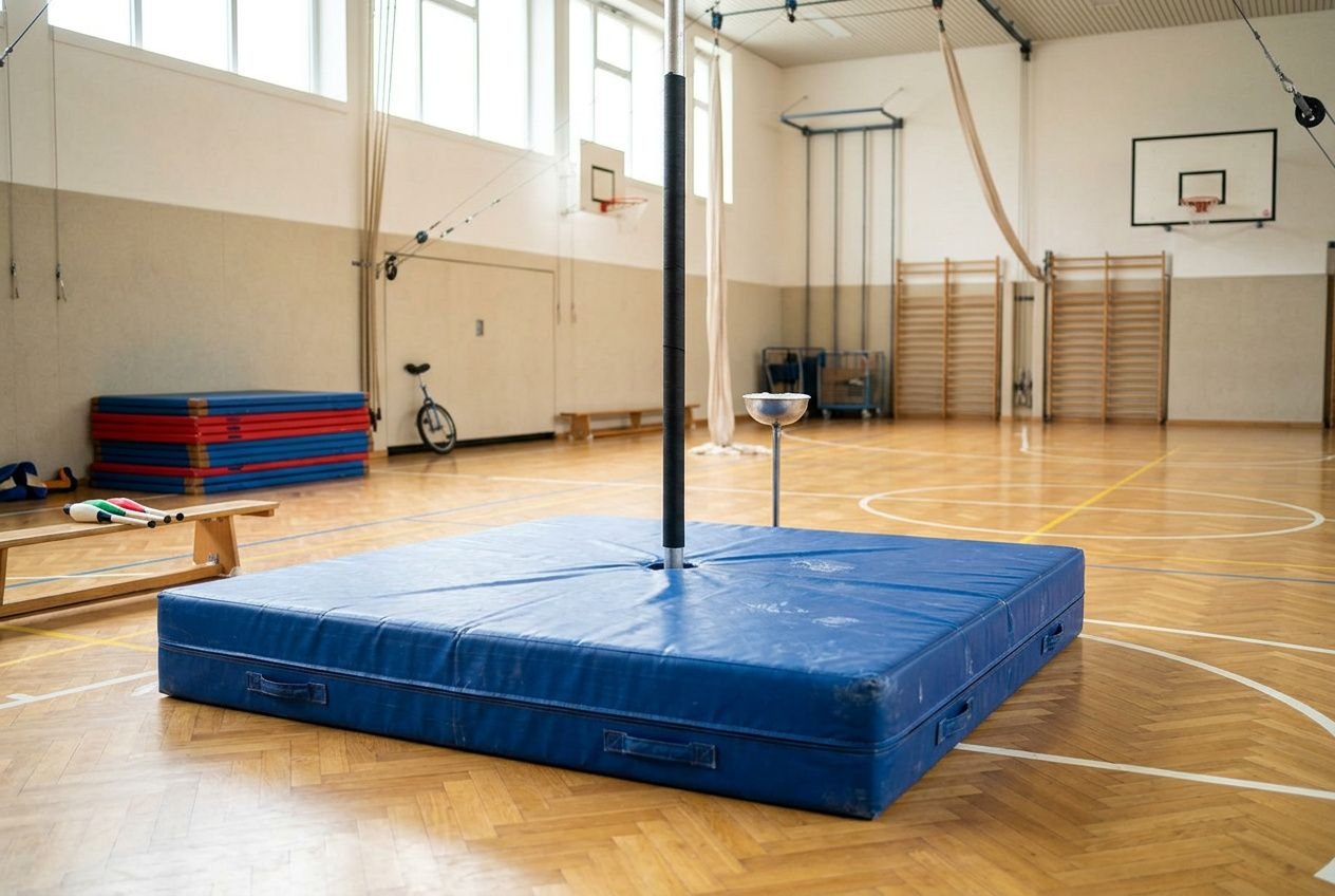Tapis réception cirque bleu épais dans une salle de sport, utilisé comme matelas de réception avec un poteau vertical et équipements d’entraînement autour.