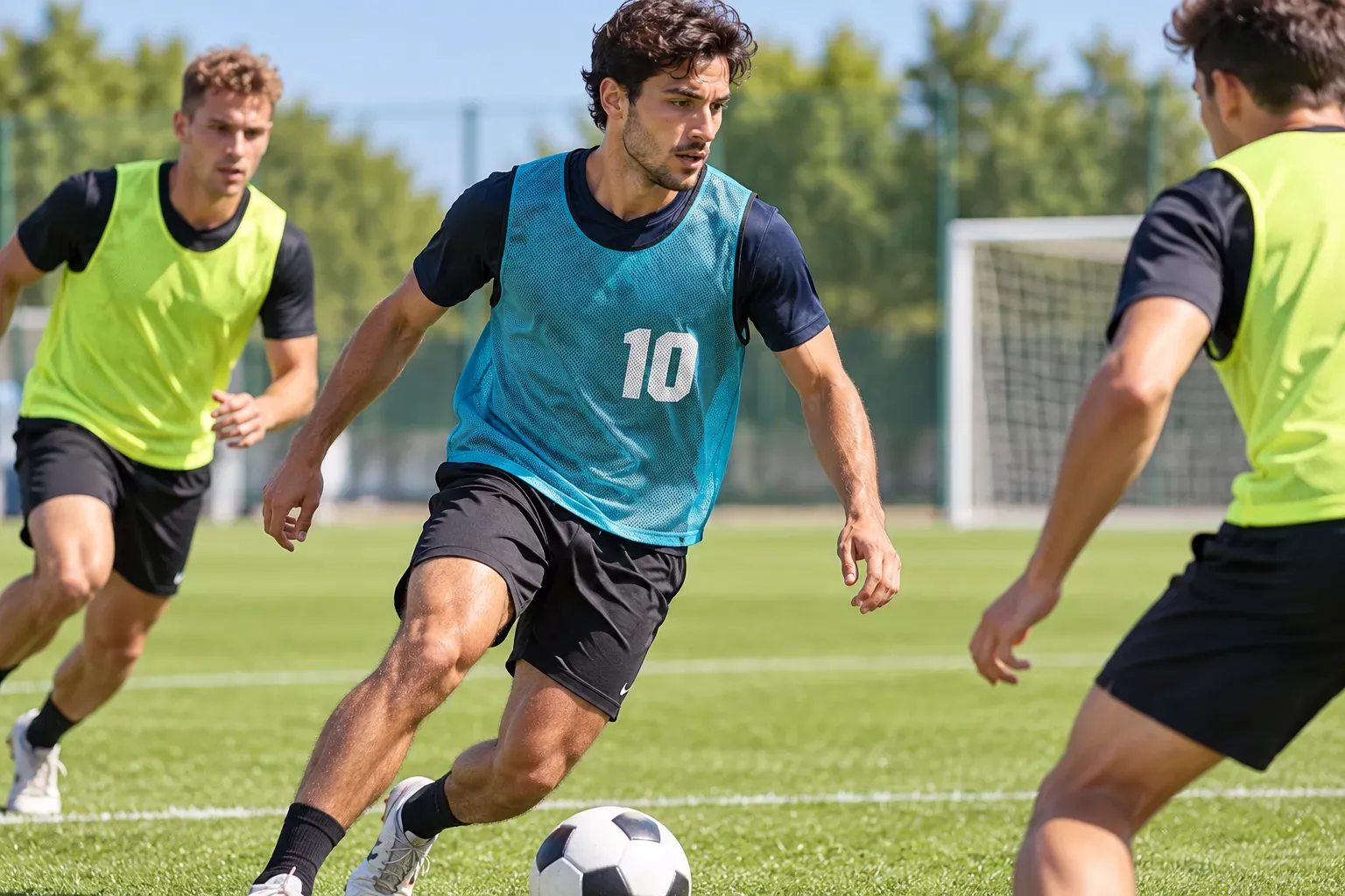 Trois joueurs en séance d’entraînement sur un terrain de football, dont un au centre portant un maillot sans manches bleu clair