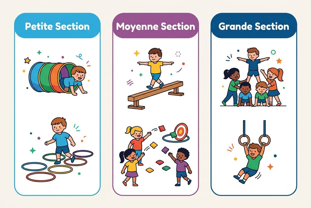 Trois sections illustrées pour l’exercice gym maternelle: petite section avec jeux d’obstacles et cerceaux, moyenne section avec équilibre sur une planche et jeux d’adresse, grande section avec parcours de gym et pouces sur les barres.