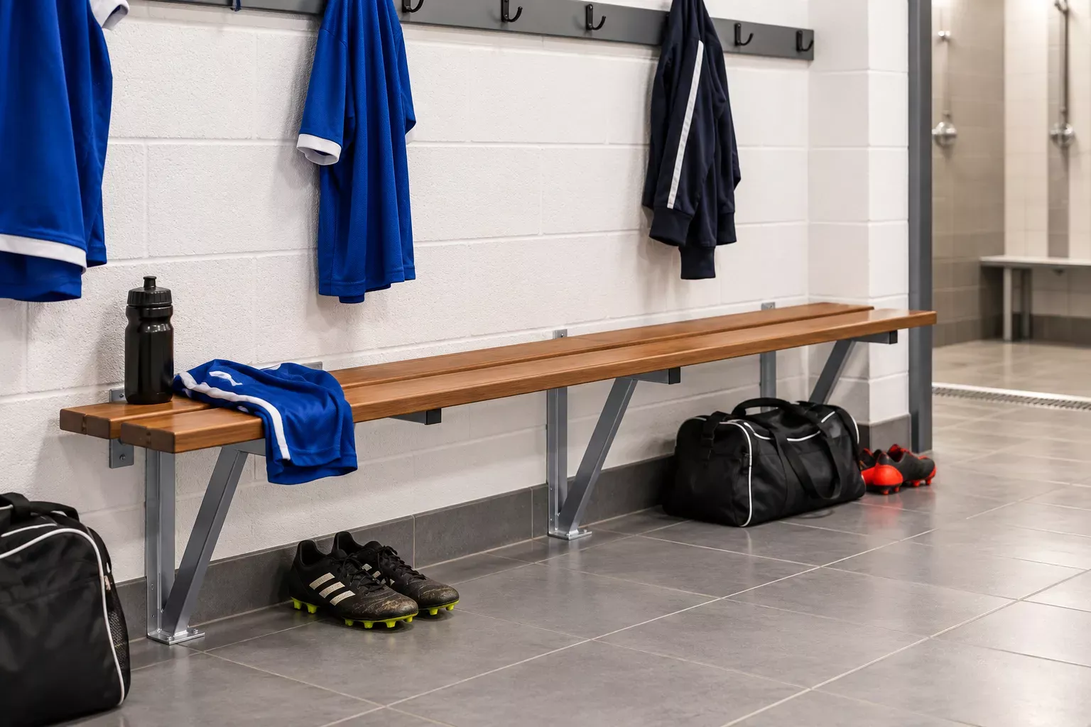 Vue d'un vestiaire de sport avec une longue banc et des vêtements suspendus au mur.